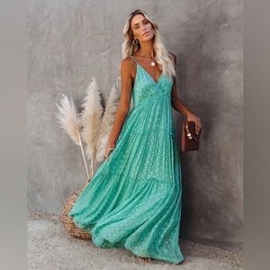 Vici Fathoms Below Adjustable Metallic Tiered Maxi Dress - Seafoam- M- NWT